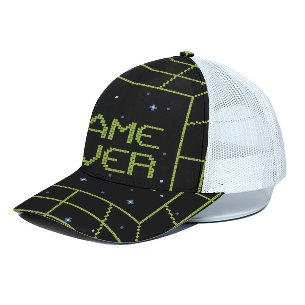 8-Bit Game Over Print White Mesh Trucker Cap