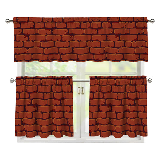 8-Bit Pixel Brick Wall Print 3 Piece Kitchen Curtains