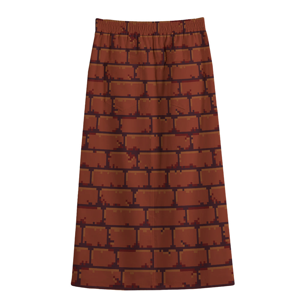 8-Bit Pixel Brick Wall Print Cotton Front Slit Maxi Skirt