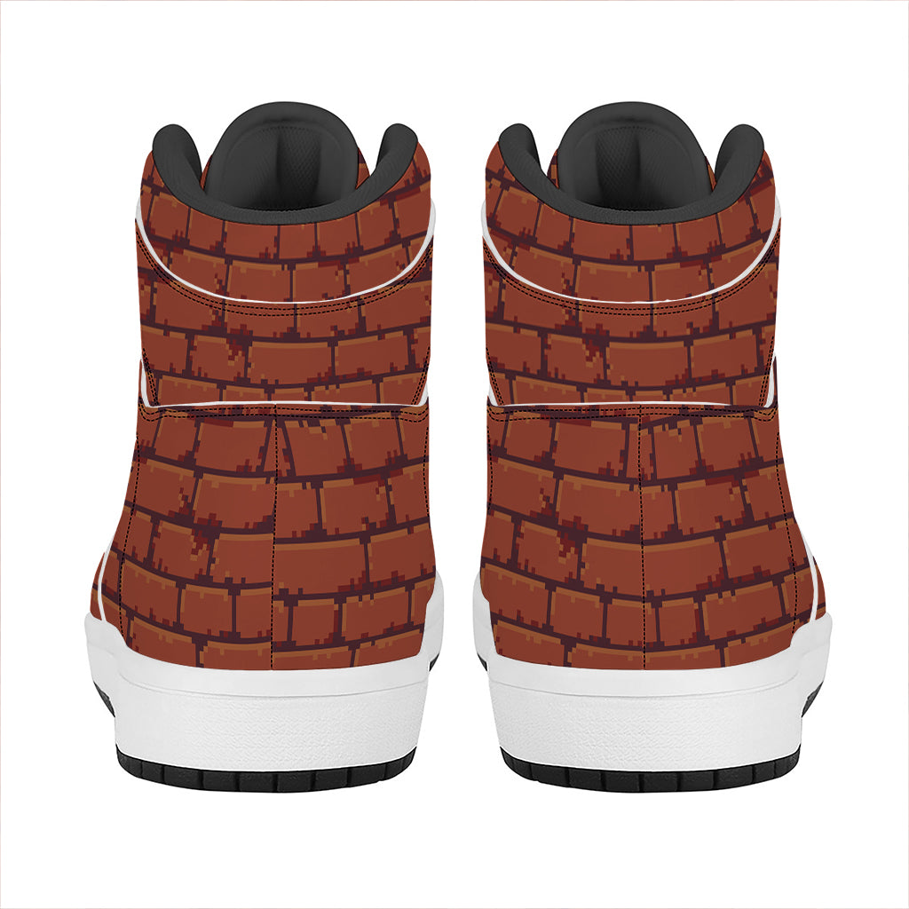 8-Bit Pixel Brick Wall Print High Top Leather Sneakers