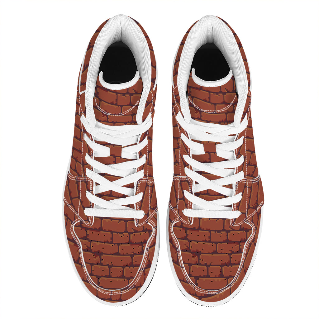 8-Bit Pixel Brick Wall Print High Top Leather Sneakers