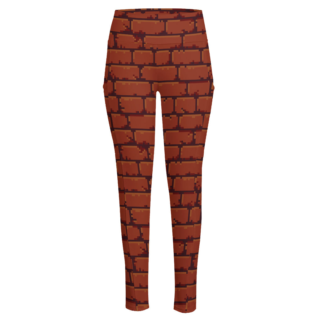 8-Bit Pixel Brick Wall Print High-Waisted Pocket Leggings