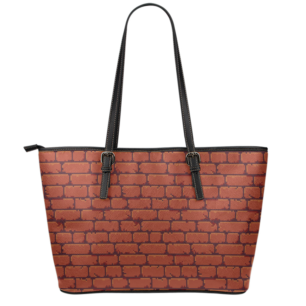 8-Bit Pixel Brick Wall Print Leather Tote Bag