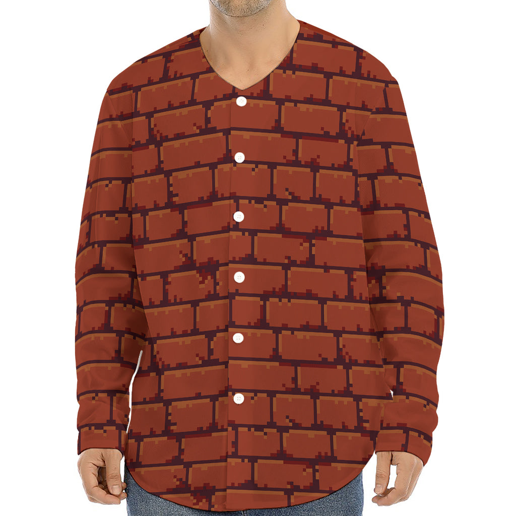 8-Bit Pixel Brick Wall Print Long Sleeve Baseball Jersey