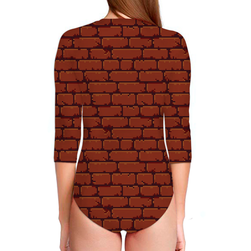 8-Bit Pixel Brick Wall Print Long Sleeve Swimsuit