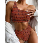 8-Bit Pixel Brick Wall Print One Shoulder Bikini Top