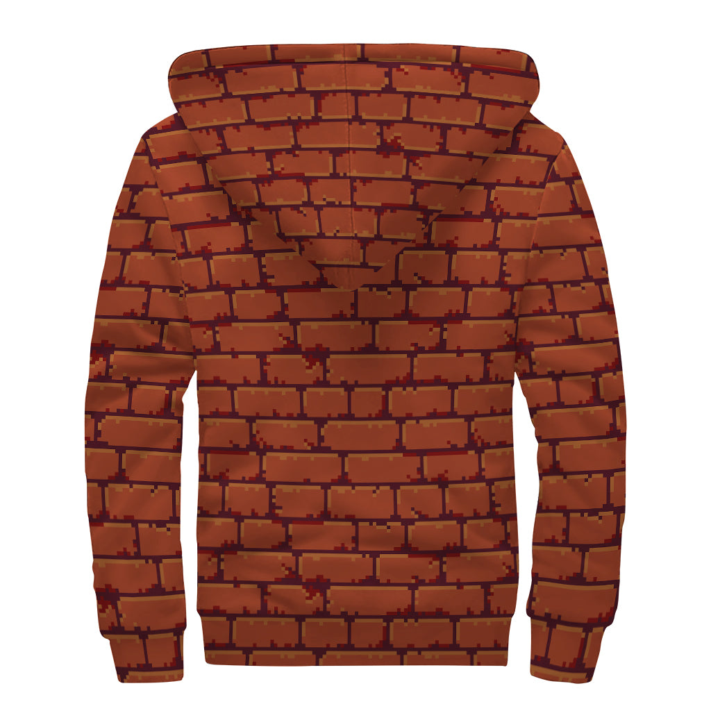 8-Bit Pixel Brick Wall Print Sherpa Lined Zip Up Hoodie