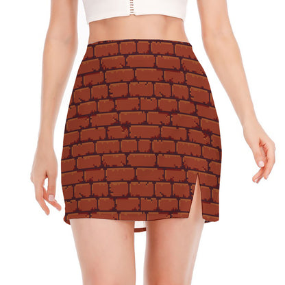 8-Bit Pixel Brick Wall Print Side Slit Mini Skirt