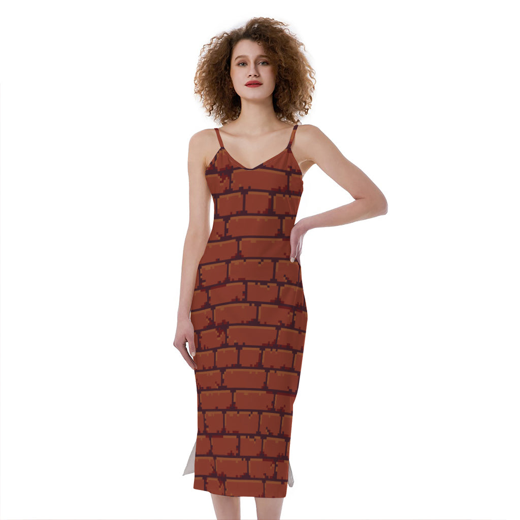 8-Bit Pixel Brick Wall Print Slim Fit Midi Cami Dress