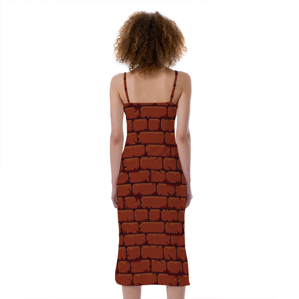 8-Bit Pixel Brick Wall Print Slim Fit Midi Cami Dress