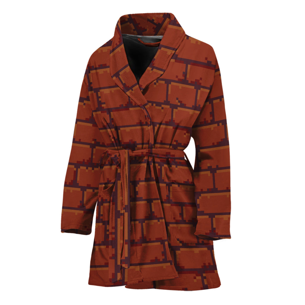 8-Bit Pixel Brick Wall Print Women's Bathrobe