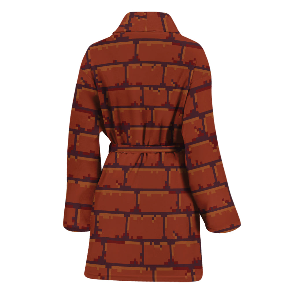 8-Bit Pixel Brick Wall Print Women's Bathrobe