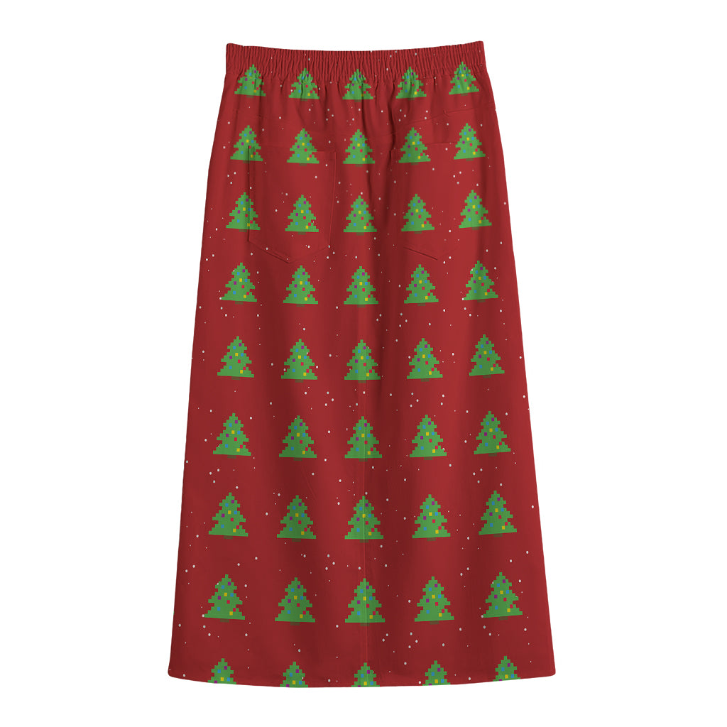8-Bit Pixel Christmas Tree Pattern Print Cotton Front Slit Maxi Skirt