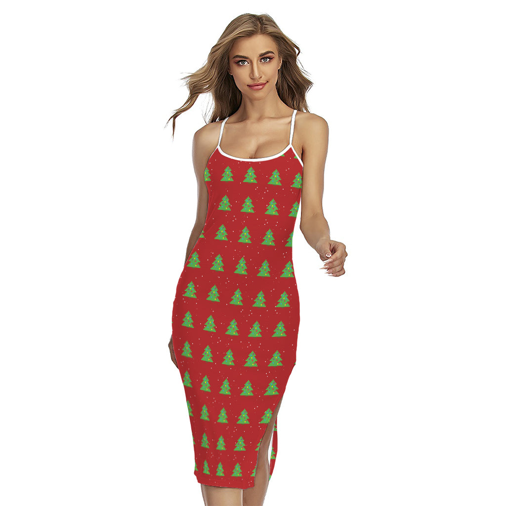 8-Bit Pixel Christmas Tree Pattern Print Cross Back Cami Dress