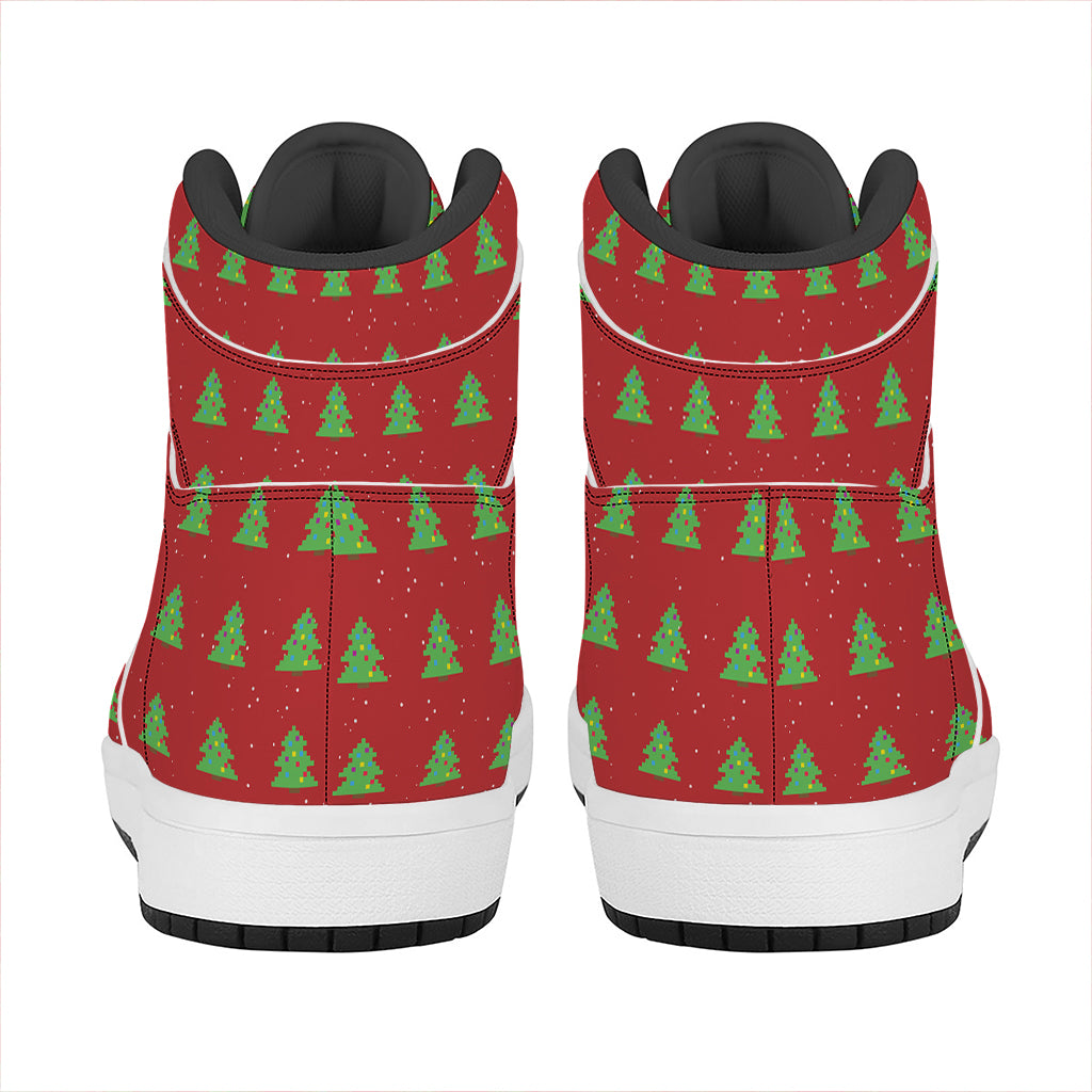8-Bit Pixel Christmas Tree Pattern Print High Top Leather Sneakers