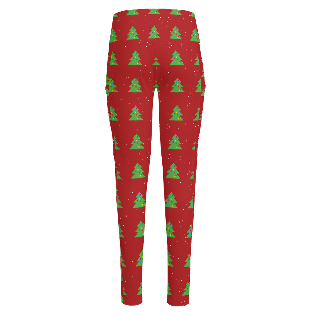 8-Bit Pixel Christmas Tree Pattern Print High-Waisted Pocket Leggings