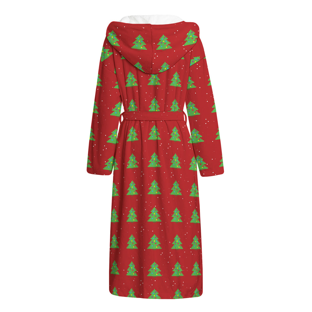 8-Bit Pixel Christmas Tree Pattern Print Hooded Bathrobe