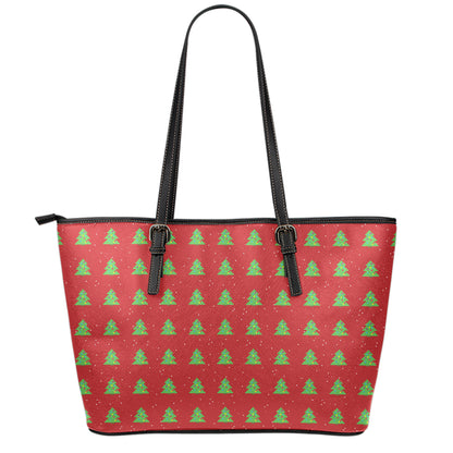 8-Bit Pixel Christmas Tree Pattern Print Leather Tote Bag