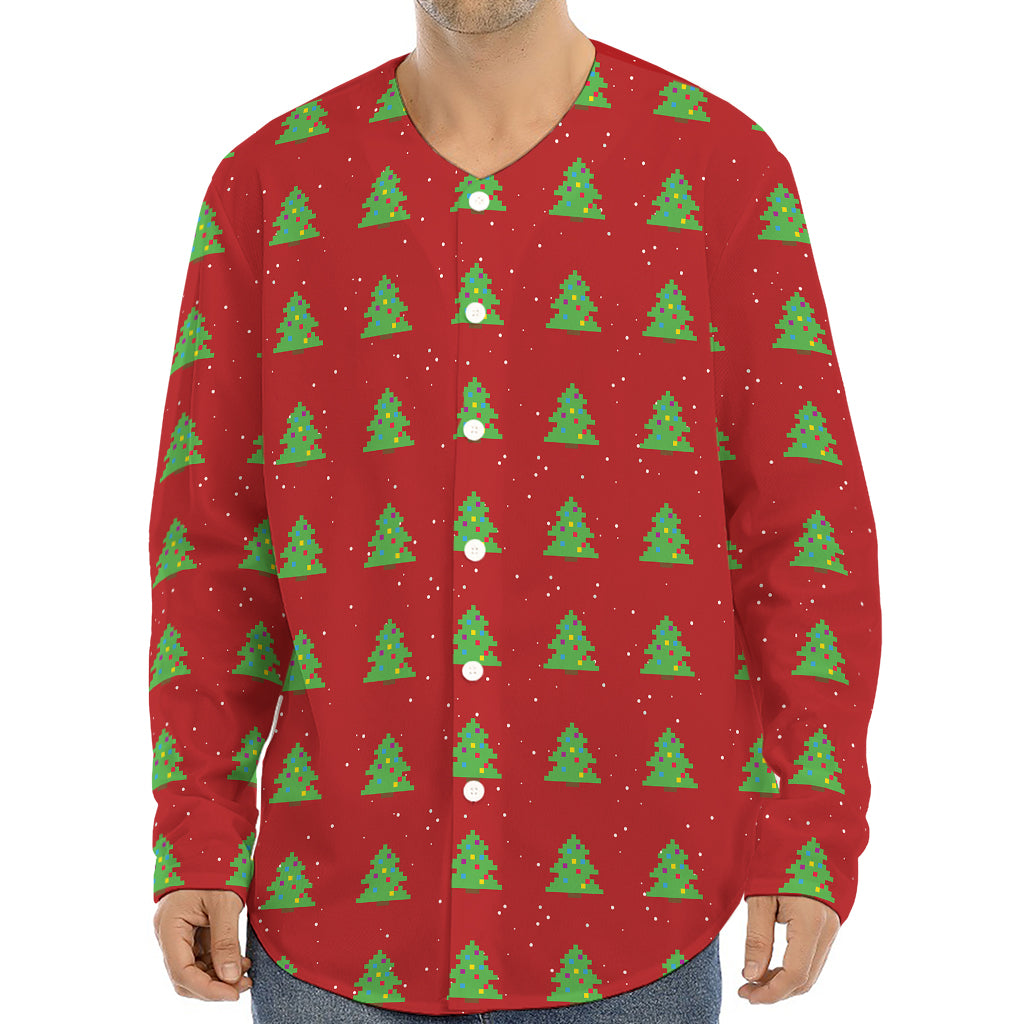 8-Bit Pixel Christmas Tree Pattern Print Long Sleeve Baseball Jersey