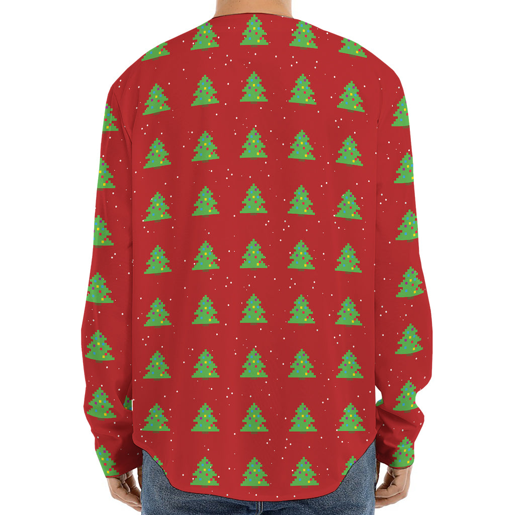 8-Bit Pixel Christmas Tree Pattern Print Long Sleeve Baseball Jersey