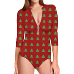 8-Bit Pixel Christmas Tree Pattern Print Long Sleeve Swimsuit