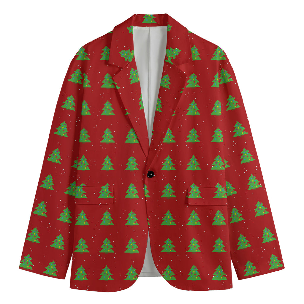 8-Bit Pixel Christmas Tree Pattern Print Men's Blazer