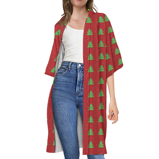 8-Bit Pixel Christmas Tree Pattern Print Open Front Beach Cover Up