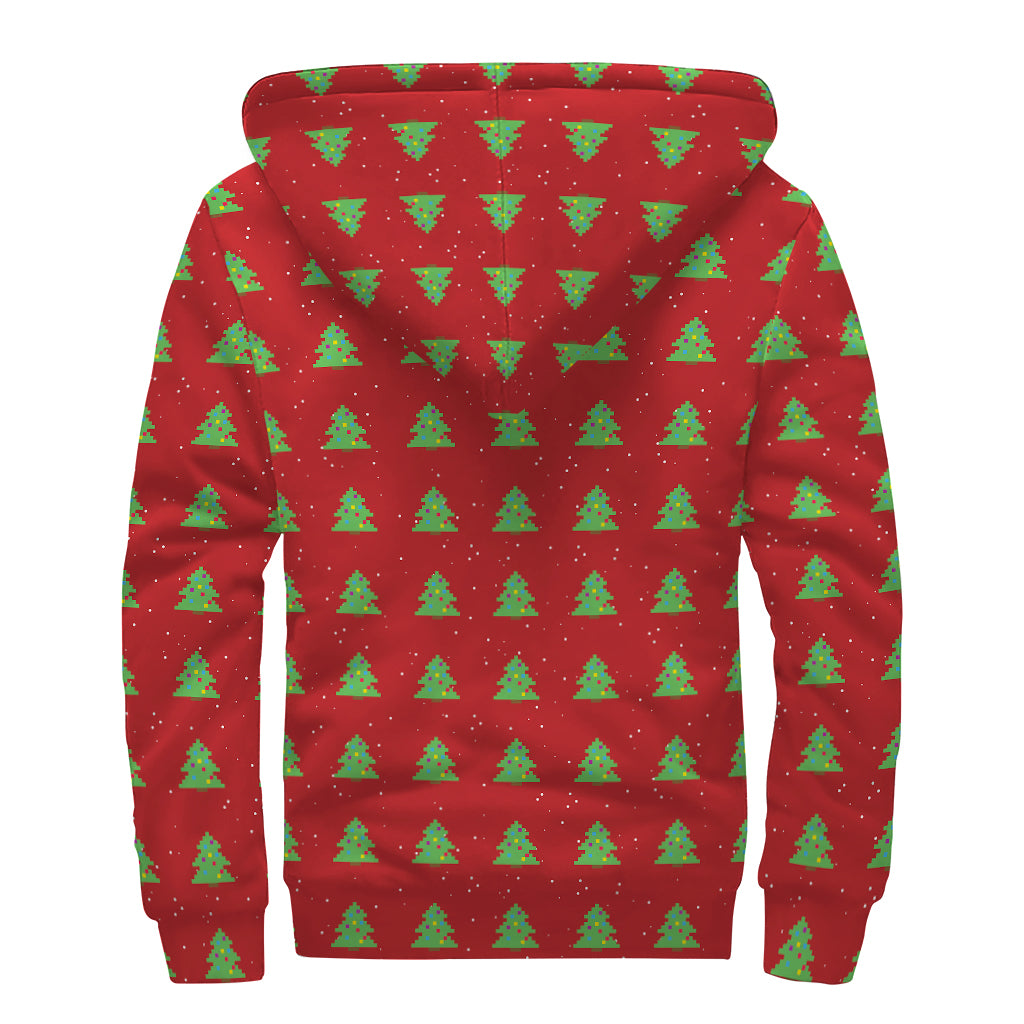 8-Bit Pixel Christmas Tree Pattern Print Sherpa Lined Zip Up Hoodie