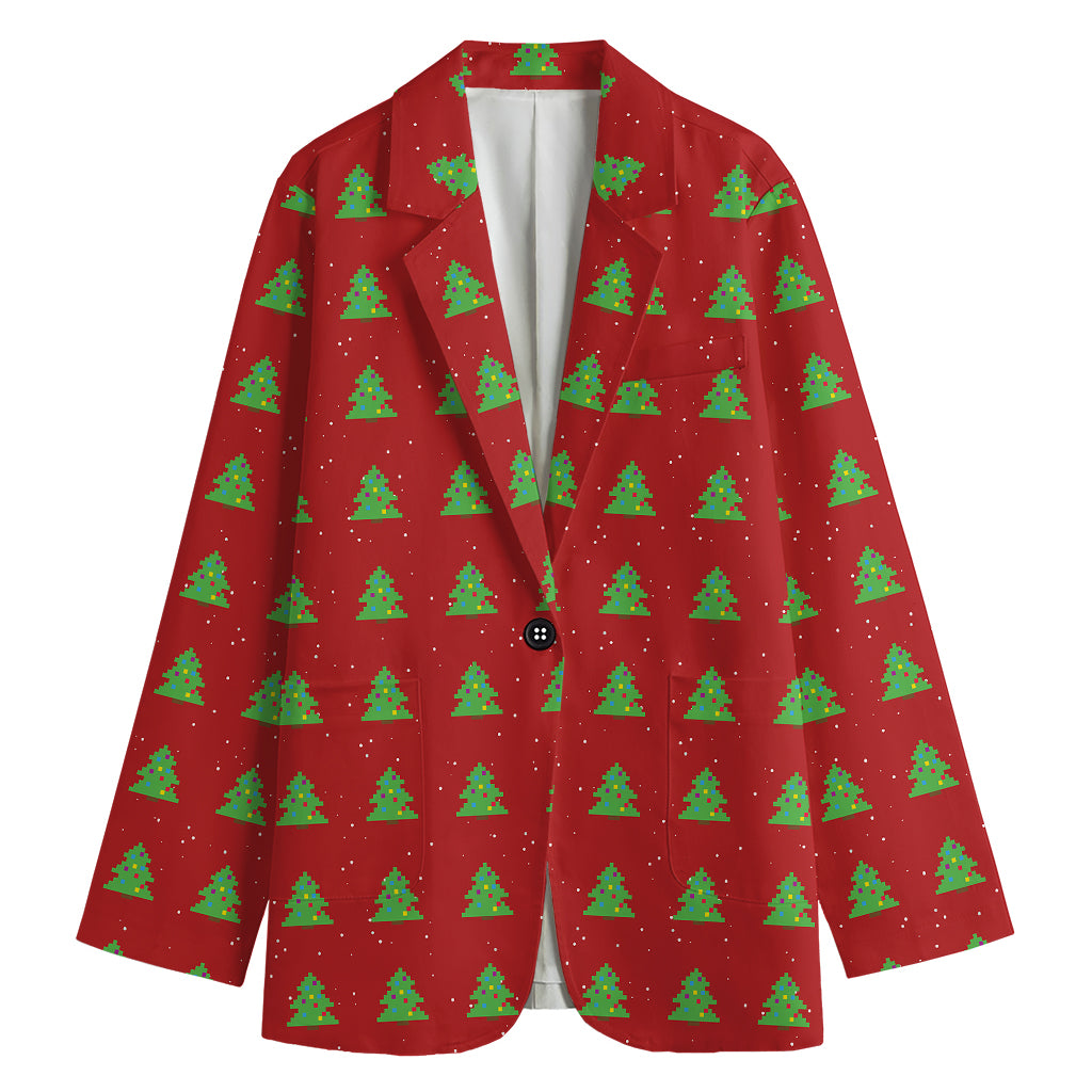 8-Bit Pixel Christmas Tree Pattern Print Women's Blazer