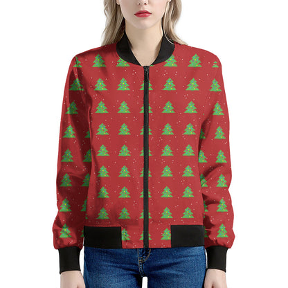 8-Bit Pixel Christmas Tree Pattern Print Women's Bomber Jacket