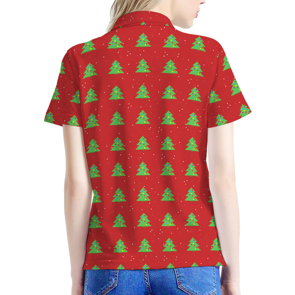 8-Bit Pixel Christmas Tree Pattern Print Women's Polo Shirt