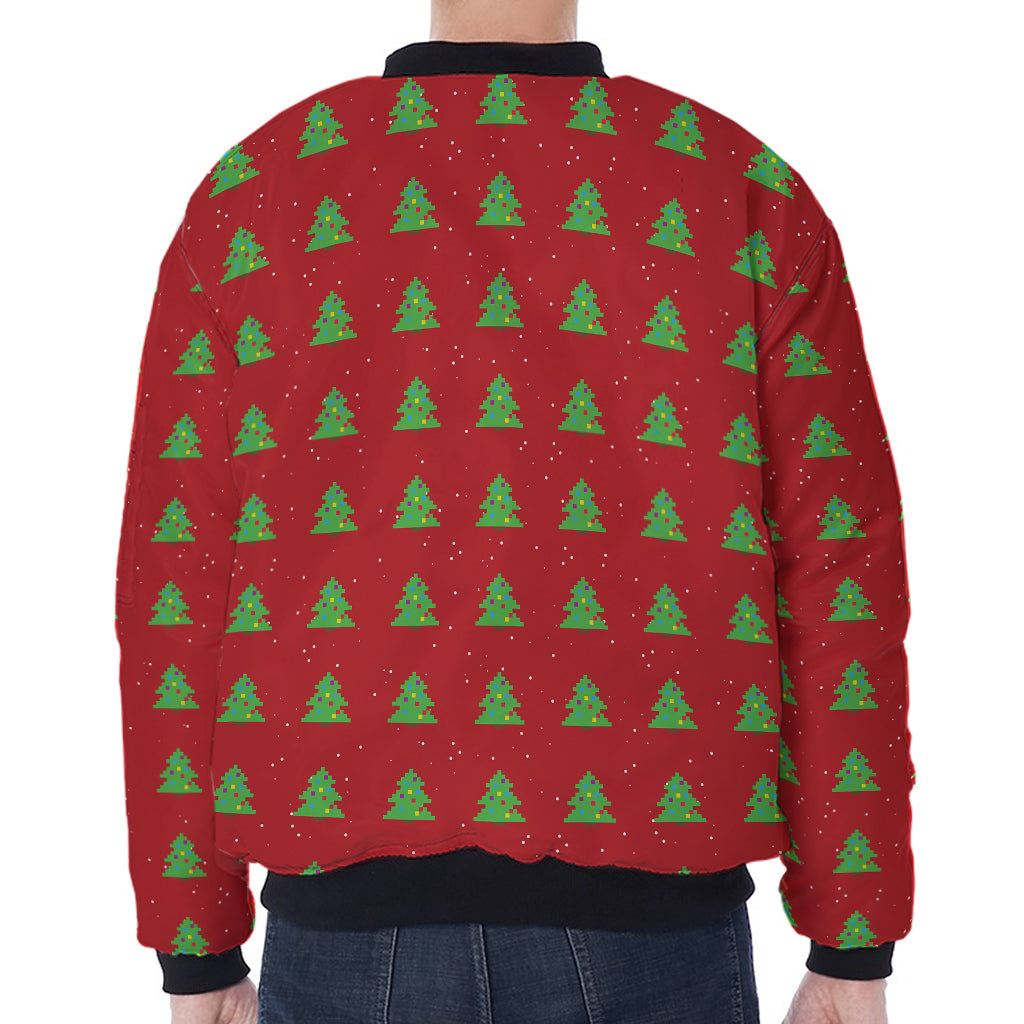 8-Bit Pixel Christmas Tree Pattern Print Zip Sleeve Bomber Jacket