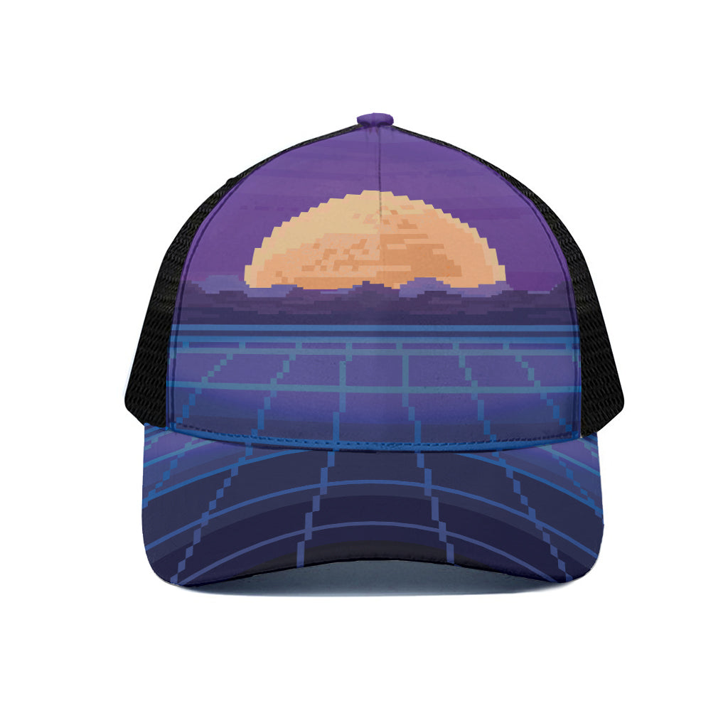 8-Bit Pixel Digital Landscape Print Black Mesh Trucker Cap