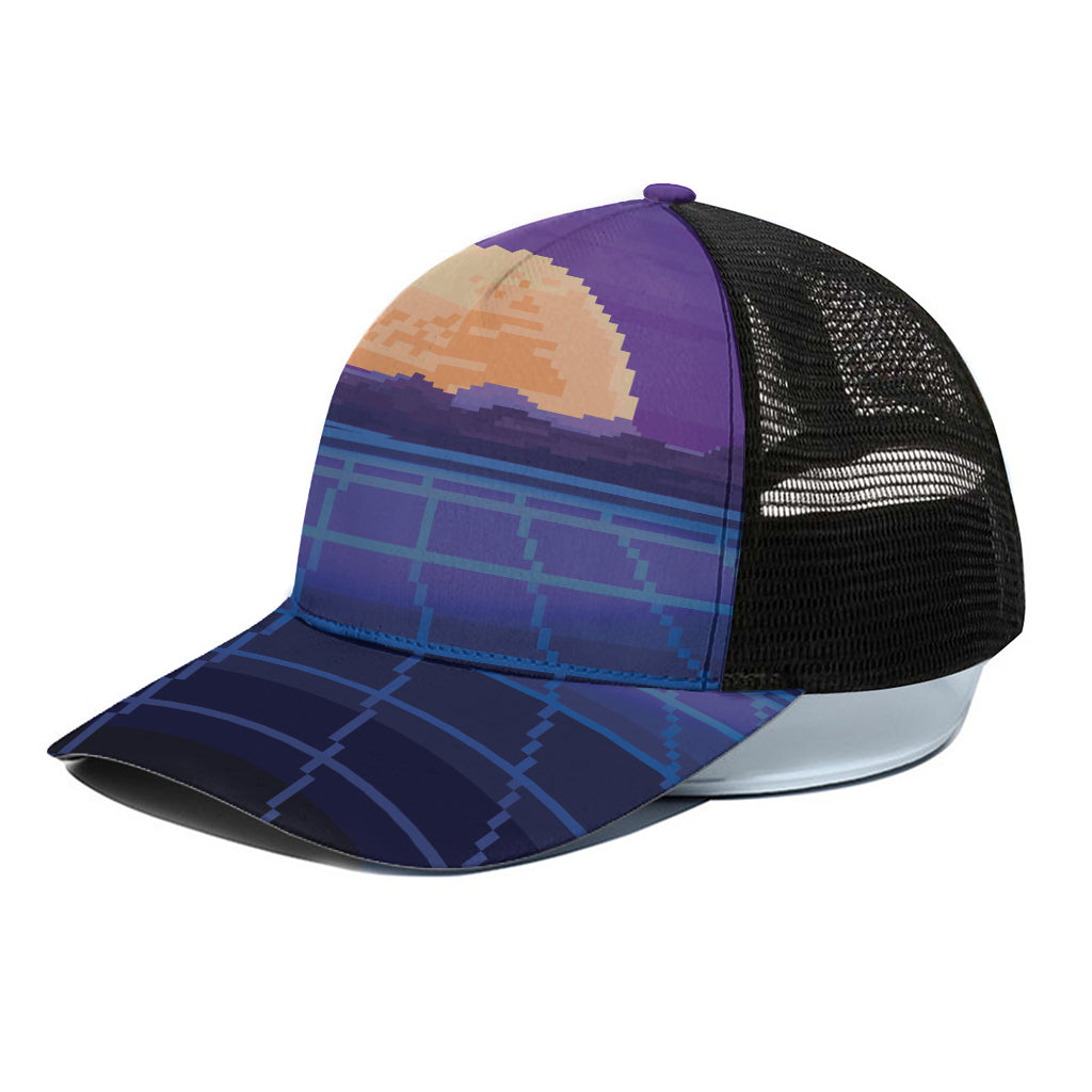 8-Bit Pixel Digital Landscape Print Black Mesh Trucker Cap