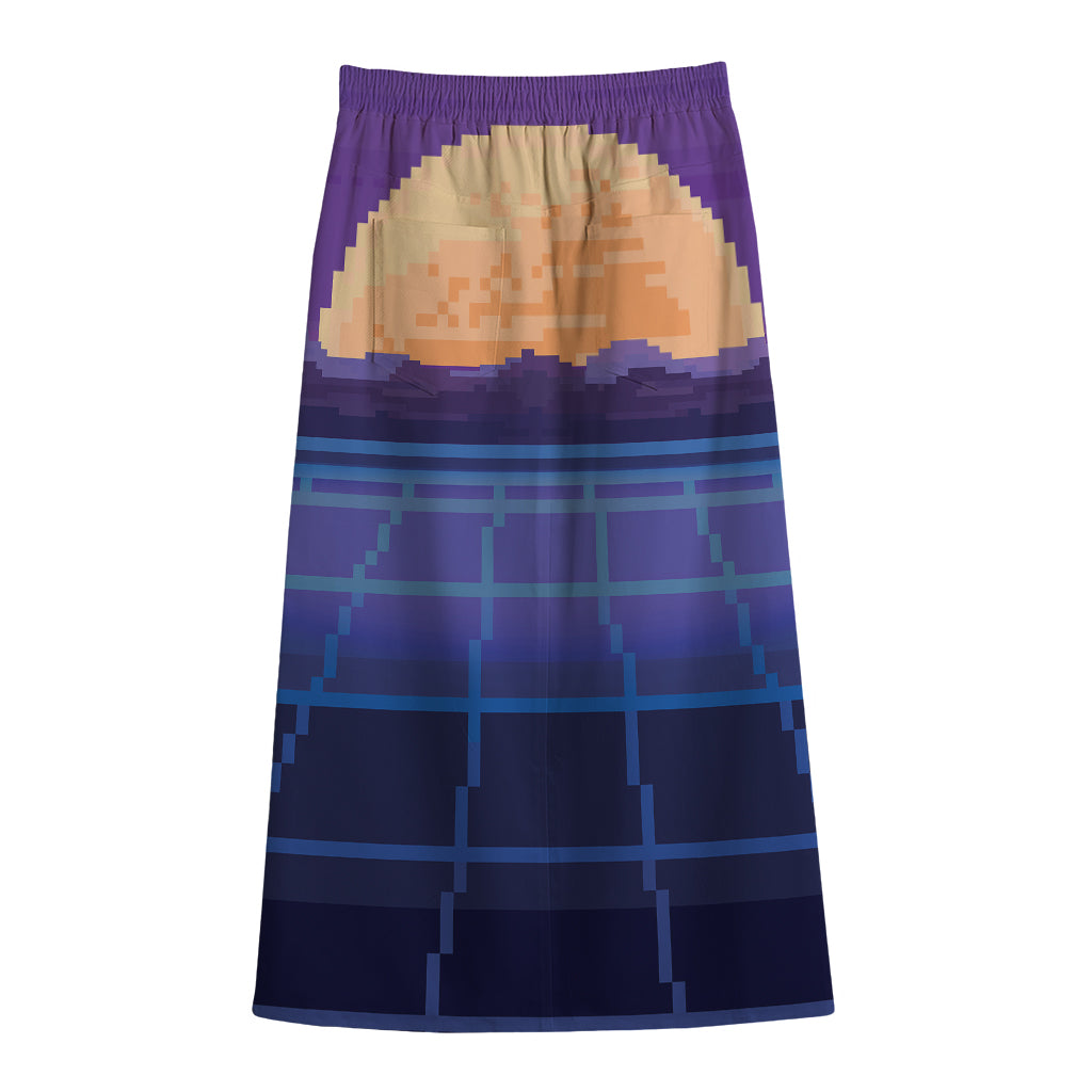 8-Bit Pixel Digital Landscape Print Cotton Front Slit Maxi Skirt