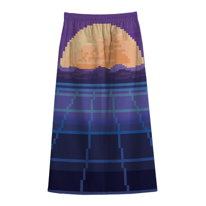 8-Bit Pixel Digital Landscape Print Cotton Front Slit Maxi Skirt