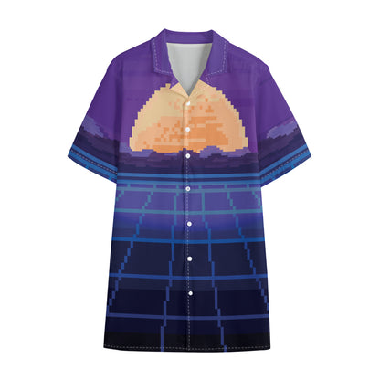 8-Bit Pixel Digital Landscape Print Cotton Hawaiian Shirt