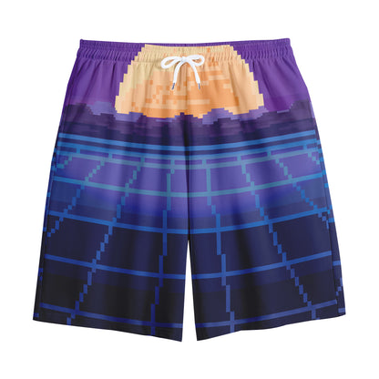 8-Bit Pixel Digital Landscape Print Cotton Shorts