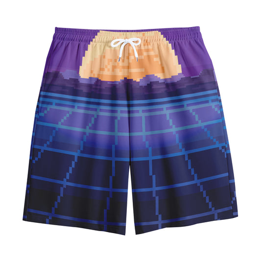 8-Bit Pixel Digital Landscape Print Cotton Shorts