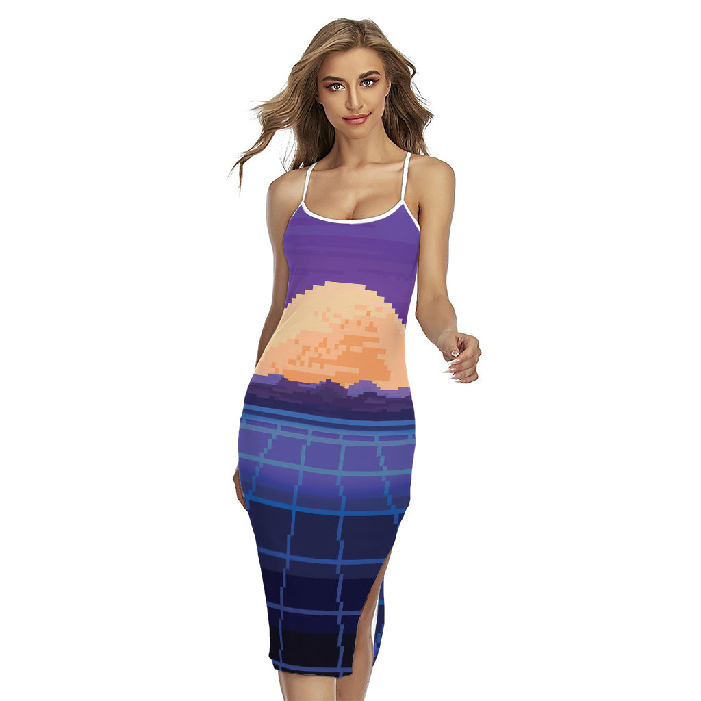 8-Bit Pixel Digital Landscape Print Cross Back Cami Dress