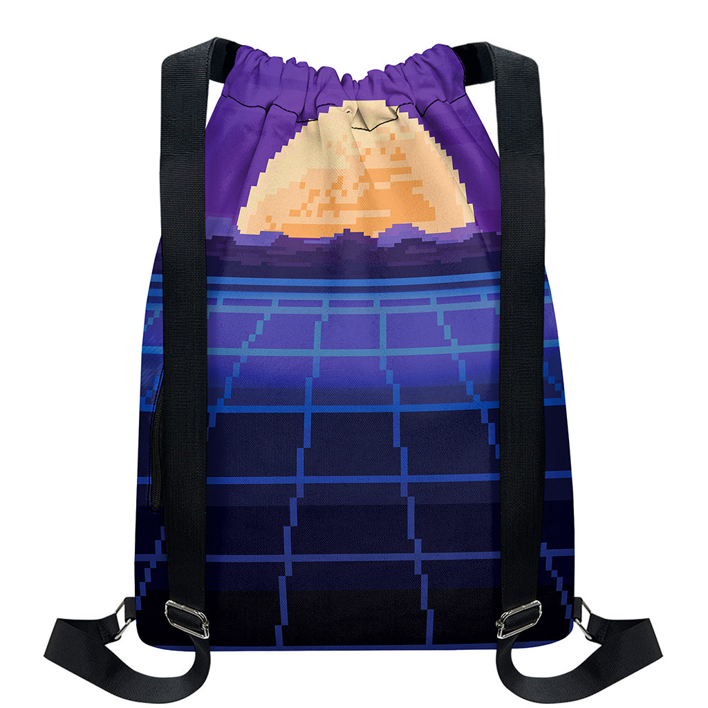 8-Bit Pixel Digital Landscape Print Drawstring Backpack