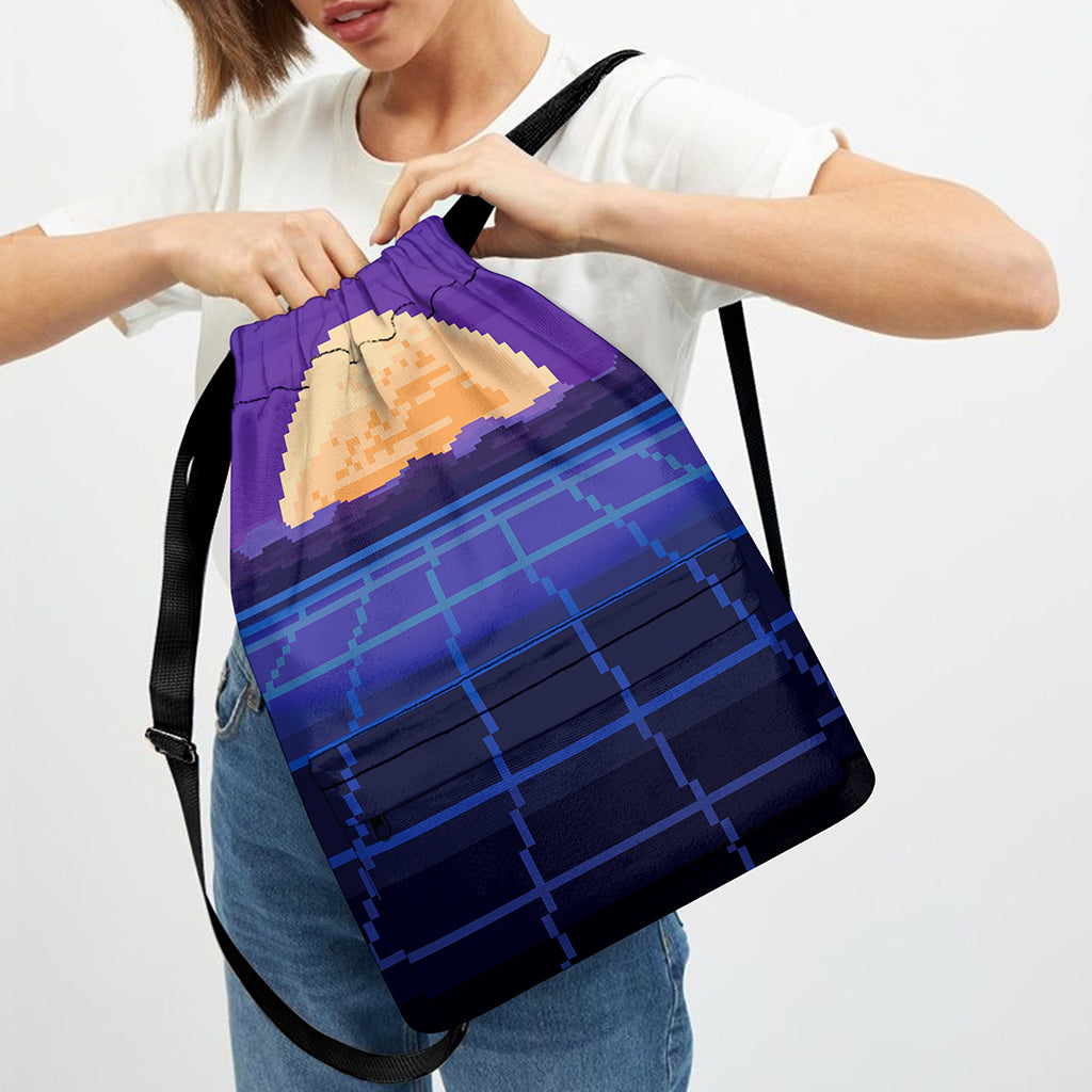 8-Bit Pixel Digital Landscape Print Drawstring Backpack