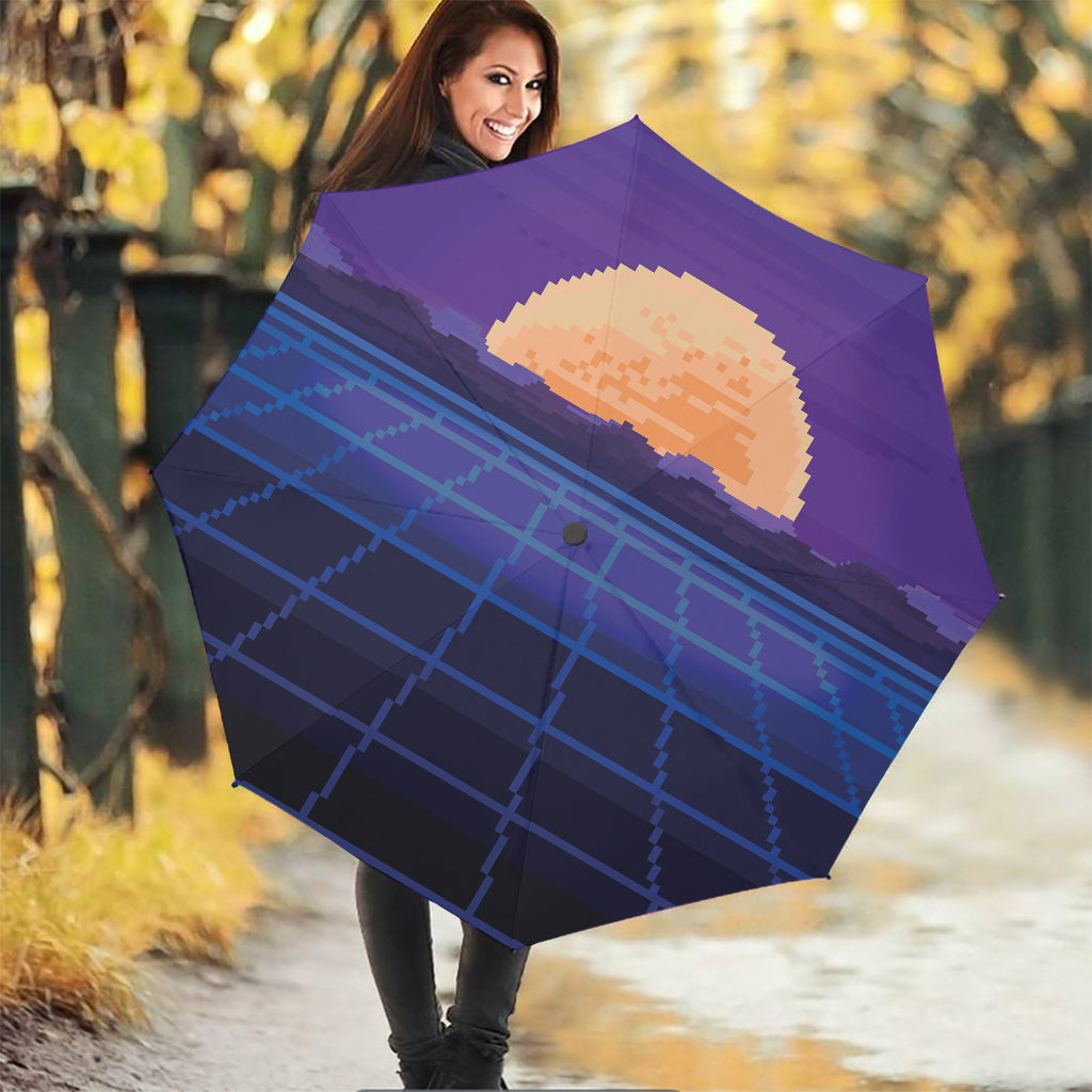 8-Bit Pixel Digital Landscape Print Foldable Umbrella