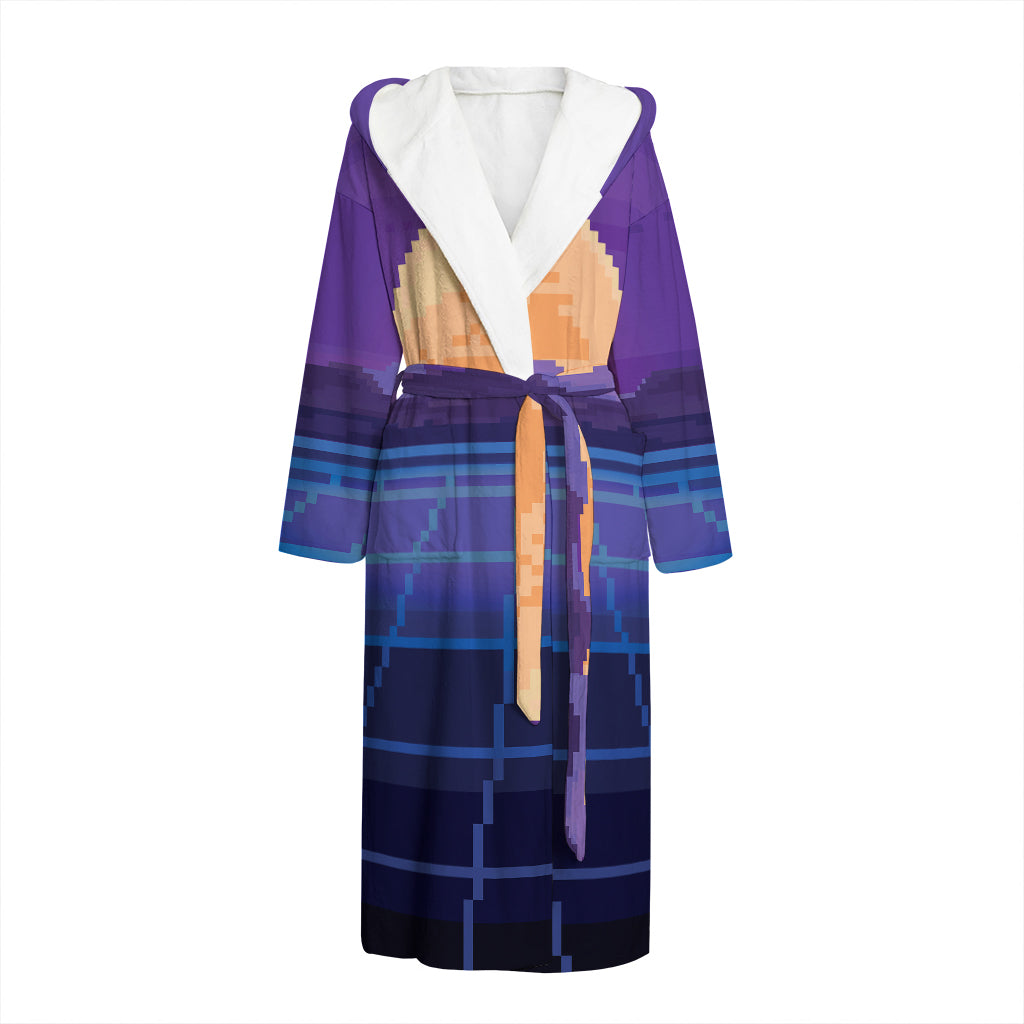 8-Bit Pixel Digital Landscape Print Hooded Bathrobe