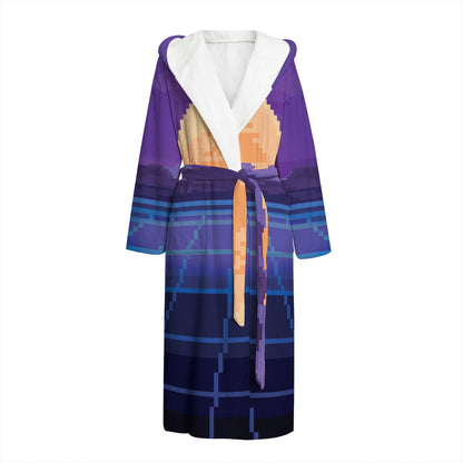 8-Bit Pixel Digital Landscape Print Hooded Bathrobe