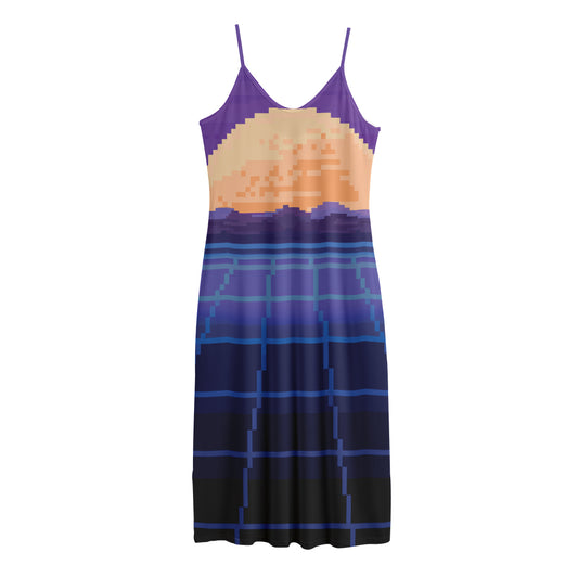 8-Bit Pixel Digital Landscape Print Jersey Midi Cami Dress