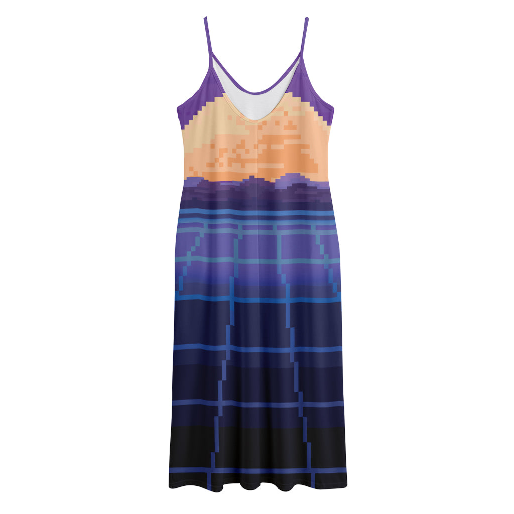 8-Bit Pixel Digital Landscape Print Jersey Midi Cami Dress