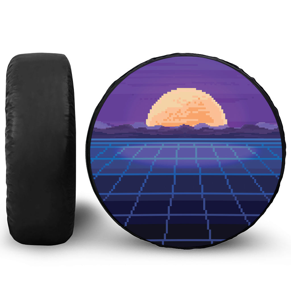 8-Bit Pixel Digital Landscape Print Leather Spare Tire Cover
