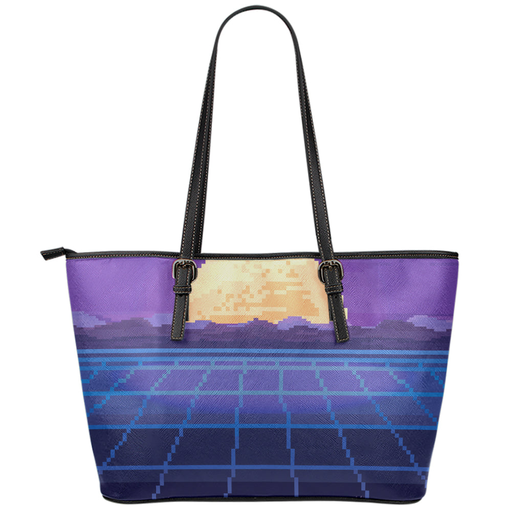 8-Bit Pixel Digital Landscape Print Leather Tote Bag