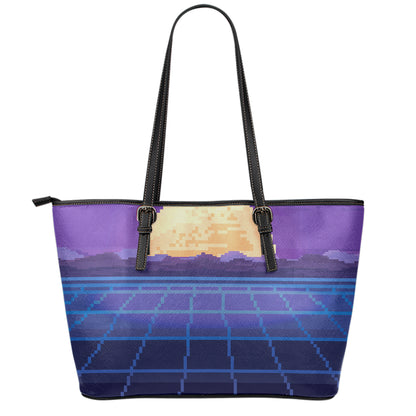 8-Bit Pixel Digital Landscape Print Leather Tote Bag